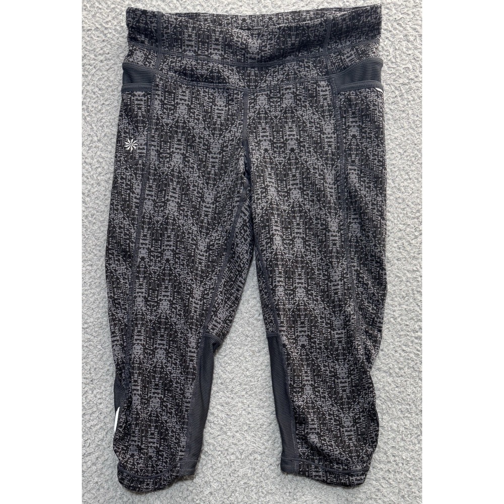 Athleta Black Gray Printed Cropped Leggings Back Zip Pocket Athletic Size XS
